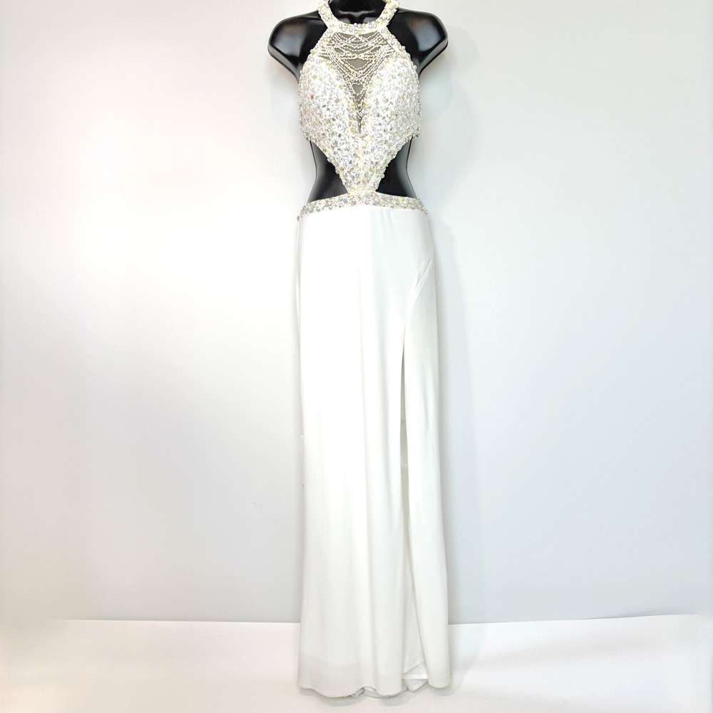 Jovani Formal Gown Embellished Cutout Slit Dress Size 0 White